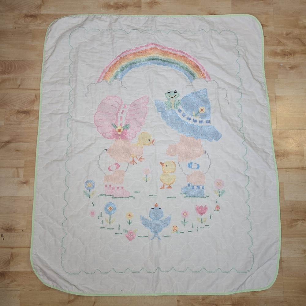 Vintage 80s Diaper Pals Bonnet Babies Cross Stitch Crib Blanket 34x40